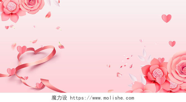 粉色红色简约大气花瓣玫瑰丝带爱心西式婚礼展板背景